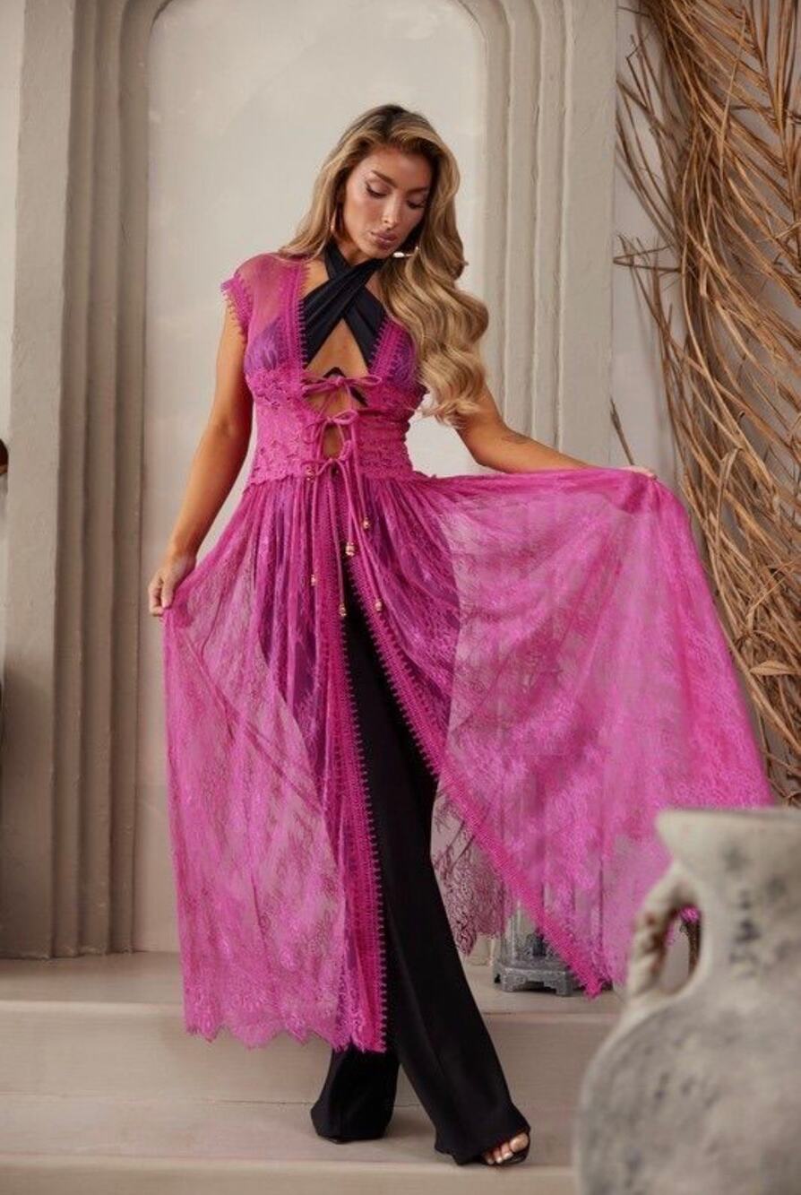 Pink Lace Maxi Cardigan